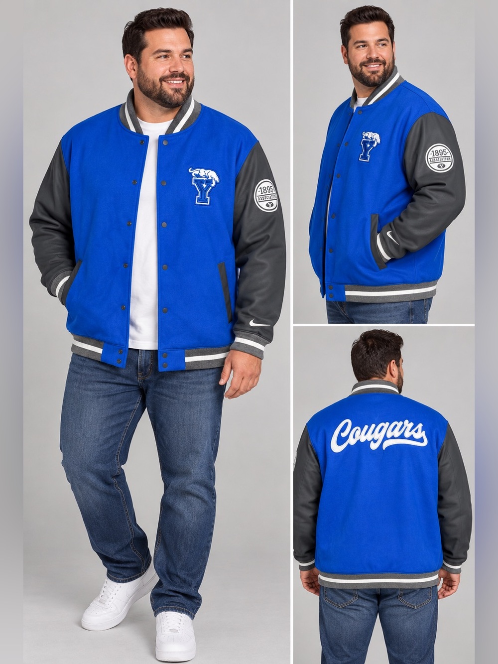 Nike BYU Cougars Varsity Letterman Jacket 3XL Blue Faux Leather Sleeves